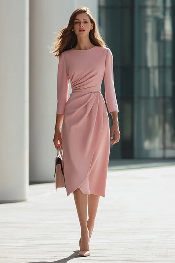 Robe de travail midi à manches 3/4 froncée fourreau rose